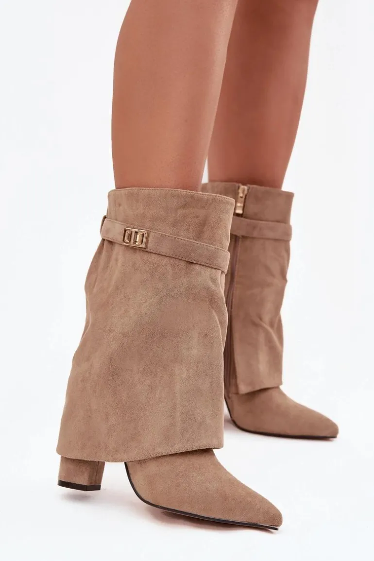 Ocieplane Botki Damskie Na Słupku Z Ozdobnym Paskiem Khaki Luvielle