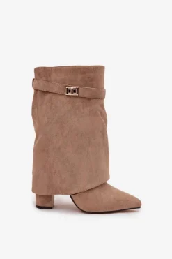 Ocieplane Botki Damskie Na Słupku Z Ozdobnym Paskiem Khaki Luvielle