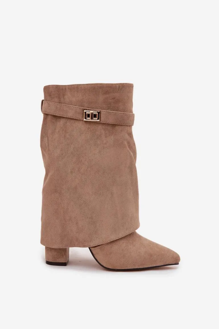 Ocieplane Botki Damskie Na Słupku Z Ozdobnym Paskiem Khaki Luvielle