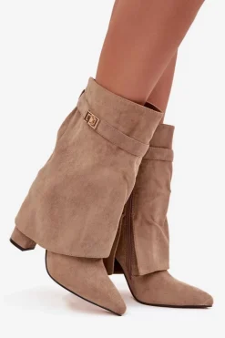 Ocieplane Botki Damskie Na Słupku Z Ozdobnym Paskiem Khaki Luvielle