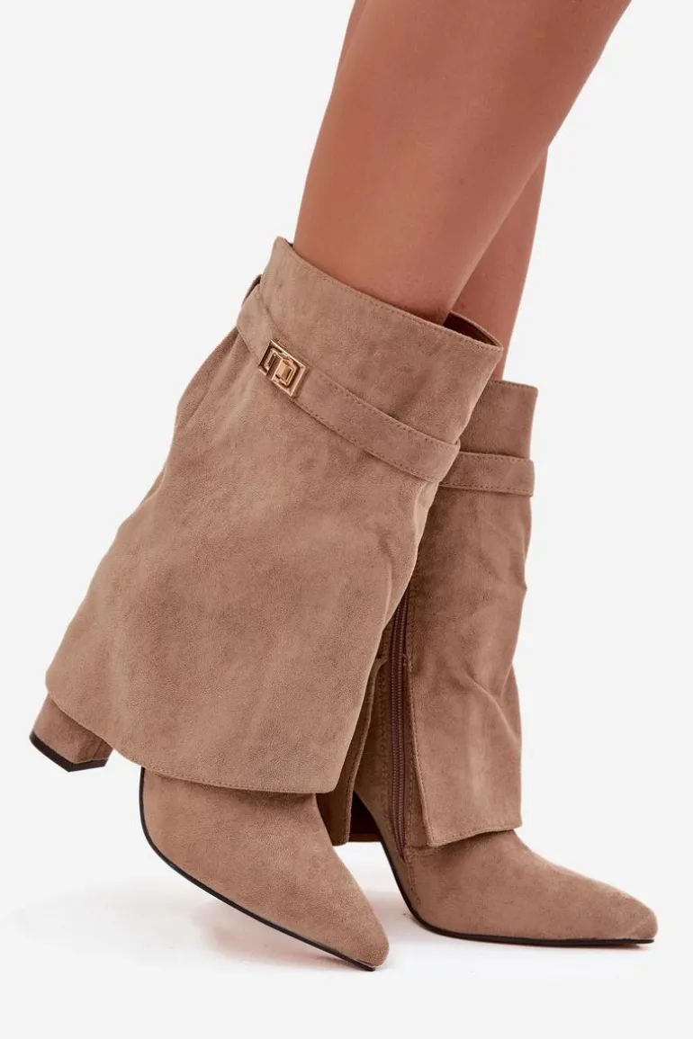 Ocieplane Botki Damskie Na Słupku Z Ozdobnym Paskiem Khaki Luvielle