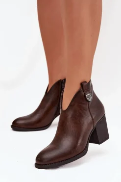 Ocieplane Botki Damskie Na Słupku Z Eko Skóry Czekoladowe Talienne