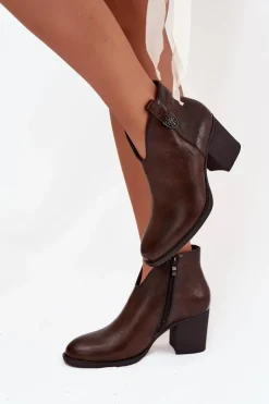 Ocieplane Botki Damskie Na Słupku Z Eko Skóry Czekoladowe Talienne