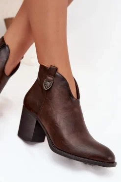 Ocieplane Botki Damskie Na Słupku Z Eko Skóry Czekoladowe Talienne