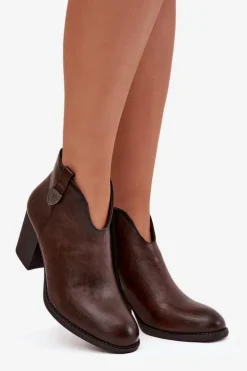 Ocieplane Botki Damskie Na Słupku Z Eko Skóry Czekoladowe Talienne