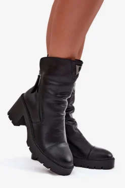 Ocieplane Botki Damskie Na Masywnym Obcasie Z Podwójnym Zamkiem Vinceza 58605 Czarne