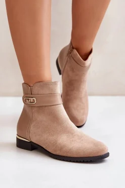 Ocieplane Botki Damskie Na Płaskim Obcasie Ze Złotym Detalem Beżowe Ravasira