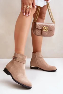 Ocieplane Botki Damskie Na Płaskim Obcasie Ze Złotym Detalem Beżowe Ravasira