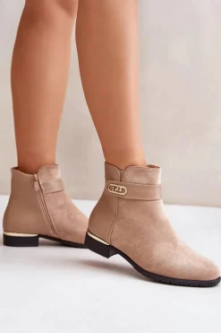 Ocieplane Botki Damskie Na Płaskim Obcasie Ze Złotym Detalem Beżowe Ravasira