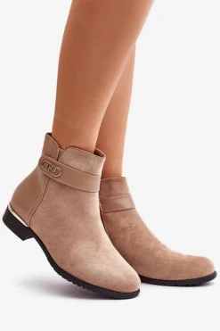 Ocieplane Botki Damskie Na Płaskim Obcasie Ze Złotym Detalem Beżowe Ravasira