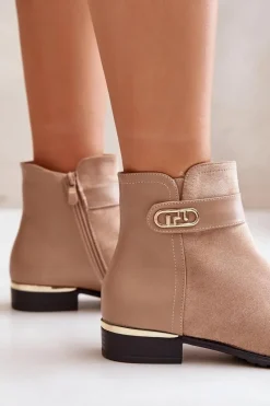 Ocieplane Botki Damskie Na Płaskim Obcasie Ze Złotym Detalem Beżowe Ravasira