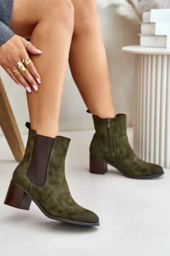 Ocieplane Botki Damskie Na Słupku Ciemnozielone Radeya