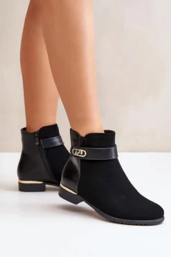 Ocieplane Botki Damskie Na Płaskim Obcasie Ze Złotym Detalem Czarne Ravasira