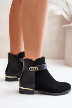 Ocieplane Botki Damskie Na Płaskim Obcasie Ze Złotym Detalem Czarne Ravasira