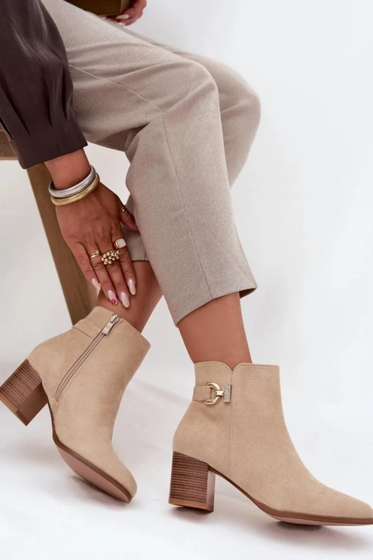 Ocieplane Botki Damskie Na Słupku Ze Złotym Detalem Beżowe Renora