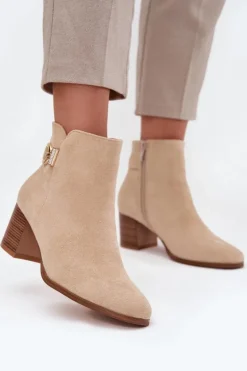 Ocieplane Botki Damskie Na Słupku Ze Złotym Detalem Beżowe Renora