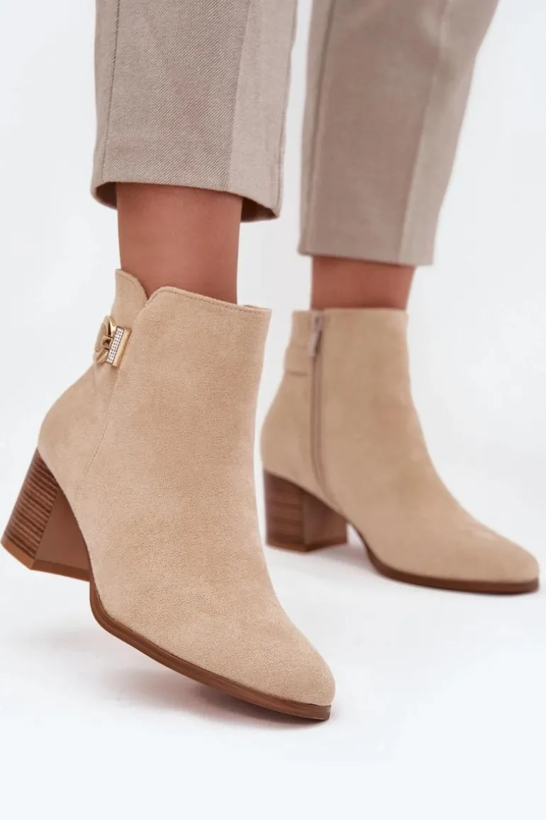 Ocieplane Botki Damskie Na Słupku Ze Złotym Detalem Beżowe Renora