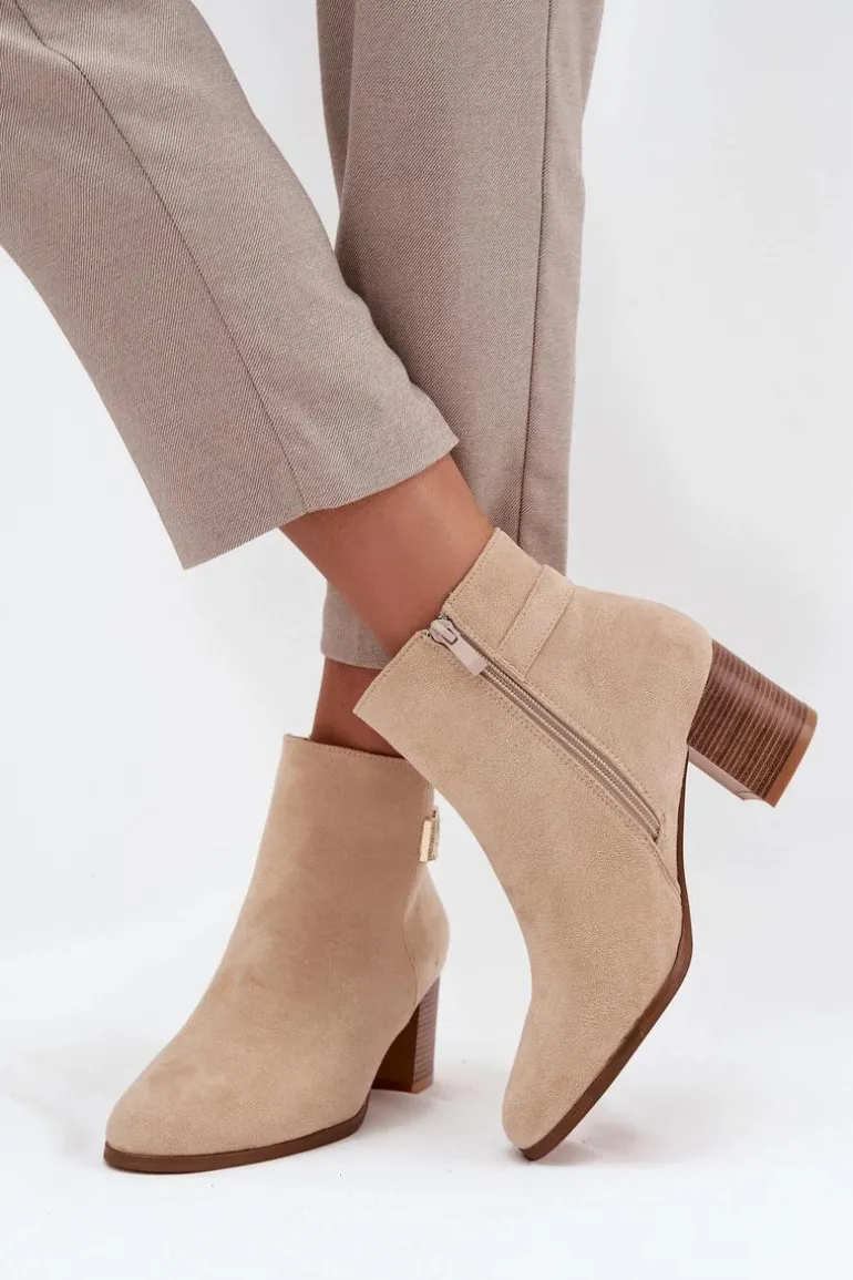 Ocieplane Botki Damskie Na Słupku Ze Złotym Detalem Beżowe Renora