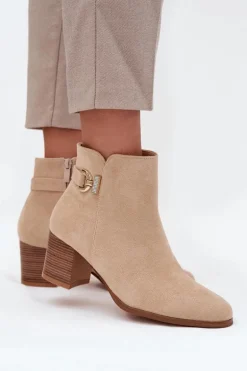 Ocieplane Botki Damskie Na Słupku Ze Złotym Detalem Beżowe Renora