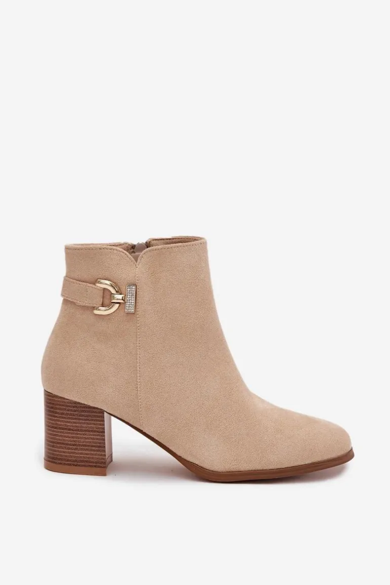 Ocieplane Botki Damskie Na Słupku Ze Złotym Detalem Beżowe Renora