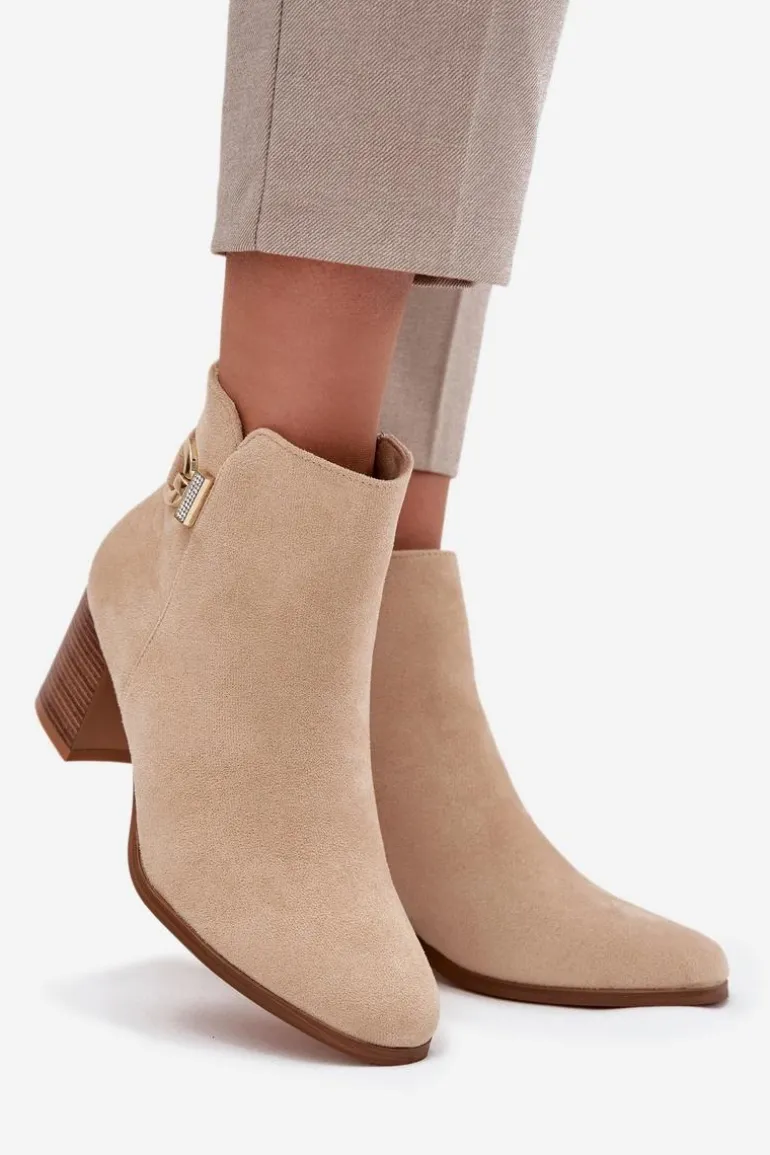 Ocieplane Botki Damskie Na Słupku Ze Złotym Detalem Beżowe Renora