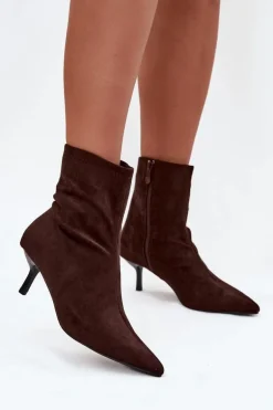 Ocieplane Botki Damskie Na Szpilce Eko Zamszowe Czekoladowe Belisse