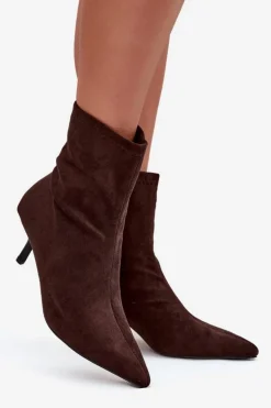 Ocieplane Botki Damskie Na Szpilce Eko Zamszowe Czekoladowe Belisse