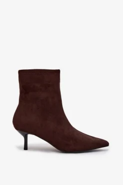 Ocieplane Botki Damskie Na Szpilce Eko Zamszowe Czekoladowe Belisse