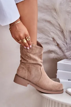 Ocieplane Botki Damskie Z Marszczeniem I Zdobieniem Beżowe Etteara