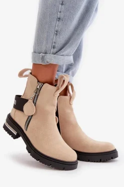 Ocieplane Botki Damskie Z Suwakiem Beżowe Calvaro