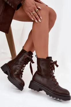 Ocieplane Botki Damskie Z Ozdobnym Sznurowaniem Czekoladowe Elindra