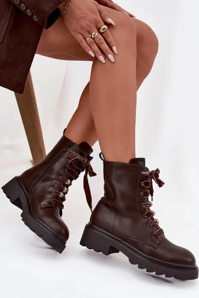 Ocieplane Botki Damskie Z Ozdobnym Sznurowaniem Czekoladowe Elindra