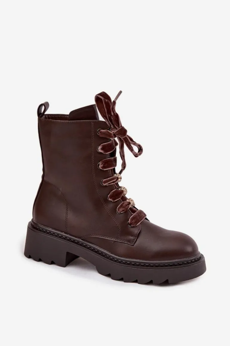 Ocieplane Botki Damskie Z Ozdobnym Sznurowaniem Czekoladowe Elindra