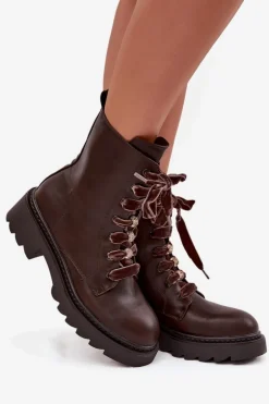 Ocieplane Botki Damskie Z Ozdobnym Sznurowaniem Czekoladowe Elindra