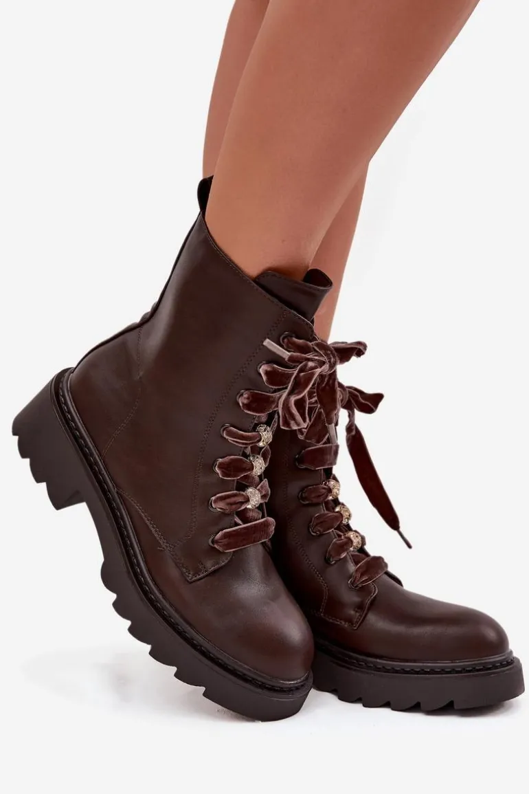 Ocieplane Botki Damskie Z Ozdobnym Sznurowaniem Czekoladowe Elindra