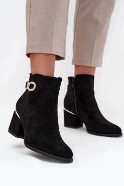 Ocieplane Botki Damskie Ze Złotymi Detalami Na Słupku Czarne Dorisse