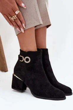 Ocieplane Botki Damskie Ze Złotymi Detalami Na Słupku Czarne Dorisse