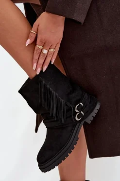 Ocieplane Botki Damskie Z Frędzlami I Klarami Na Płaskim Obcasie Czarne Helianne