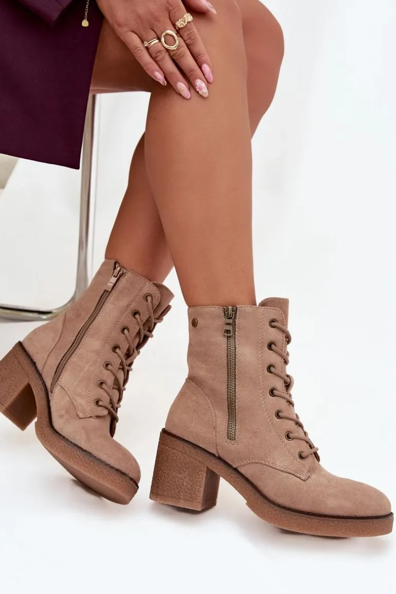 Ocieplane Botki Damskie Ze Sznurowaniem I Suwakami Beżowe Paressa