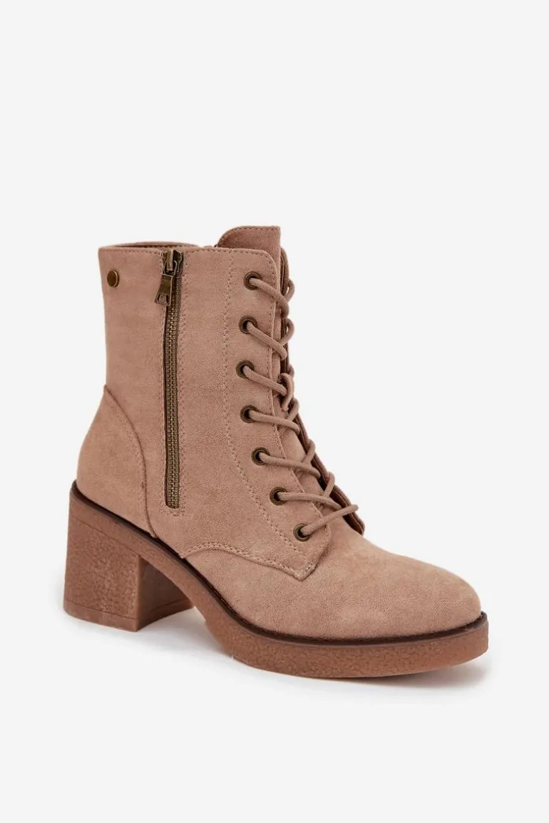 Ocieplane Botki Damskie Ze Sznurowaniem I Suwakami Beżowe Paressa