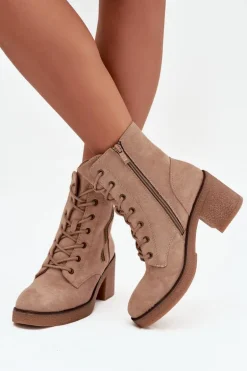 Ocieplane Botki Damskie Ze Sznurowaniem I Suwakami Beżowe Paressa