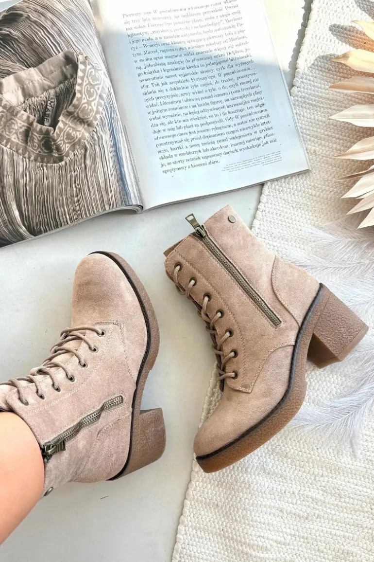 Ocieplane Botki Damskie Ze Sznurowaniem I Suwakami Beżowe Paressa