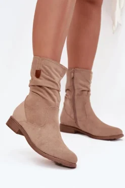 Ocieplane Botki Damskie Z Marszczoną Cholewką Na Płaskim Obcasie Beżowe Krisia