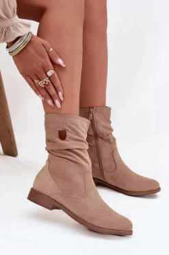 Ocieplane Botki Damskie Z Marszczoną Cholewką Na Płaskim Obcasie Beżowe Krisia