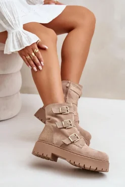 Ocieplane Botki Damskie Z Klamrami Beżowe Tiaeliana