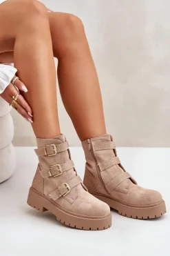 Ocieplane Botki Damskie Z Klamrami Beżowe Tiaeliana
