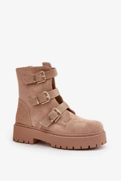 Ocieplane Botki Damskie Z Klamrami Beżowe Tiaeliana