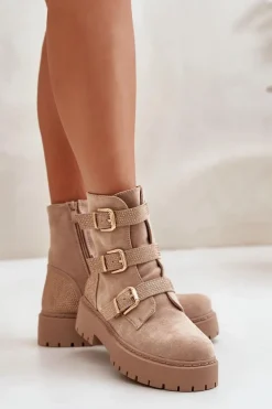 Ocieplane Botki Damskie Z Klamrami Beżowe Tiaeliana