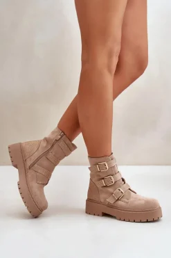 Ocieplane Botki Damskie Z Klamrami Beżowe Tiaeliana