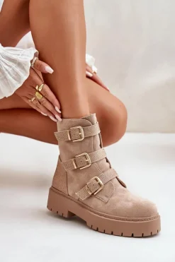 Ocieplane Botki Damskie Z Klamrami Beżowe Tiaeliana